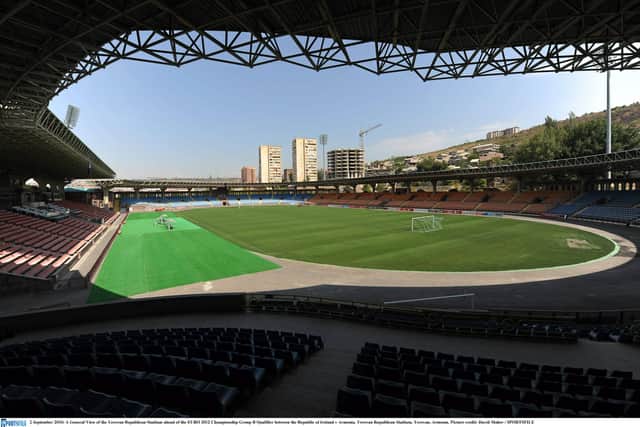 This Saturday's game will be played at the Republican Stadium in Yerevan. The stadium, which officially opened in 1935, has a capacity of 14, 403. The Irish senior team last played in the ground in 2010 when they played Armenia in a EURO 2012 qualifier.