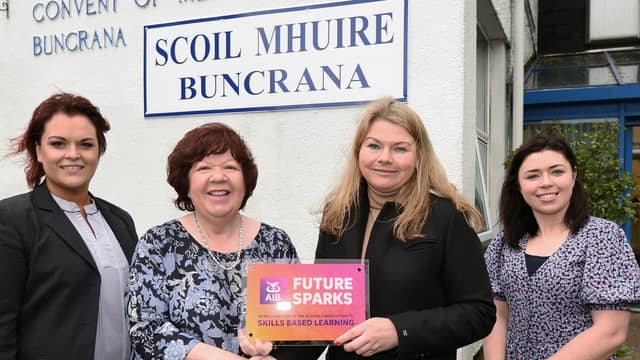 Tracy McDaid (AIB), Rosaleen Grant (Scoil Mhuire, Principal), Marguerita Moran (AIB, Branch Manager), and Ciara Corr (Scoil Mhuire, Business Department)