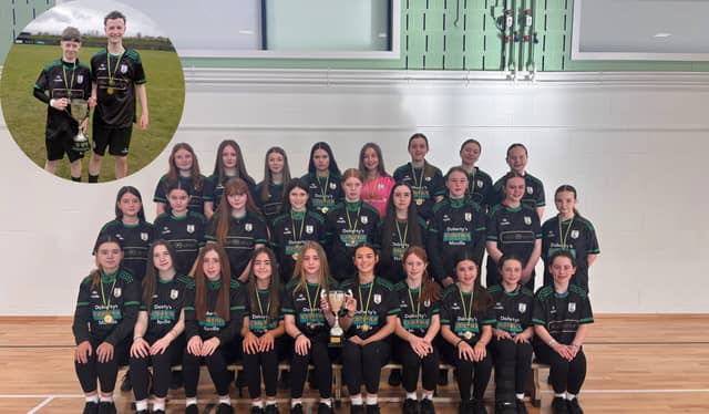 The Moville Community College First Year Girls team with the Ulster title and, inset, the First Year Boys goal scorers