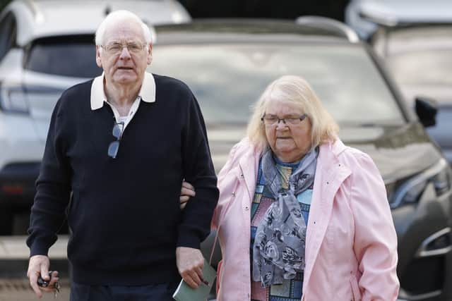 Michael Gallagher with his wife, Patsy, arrives at Bradford Court in Belfast (Liam McBurney/PA)